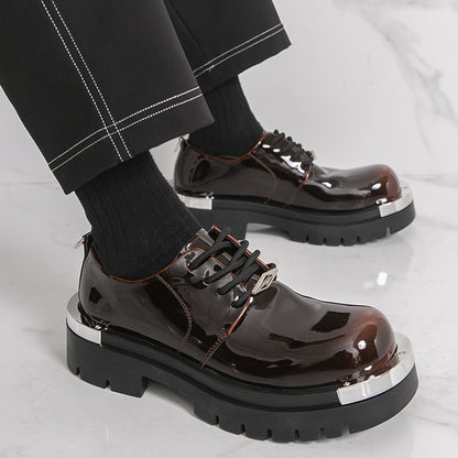 Men's Glossy -like Low-Top Lace-Up Dress Shoes - Glossy Black & Brown Luxury