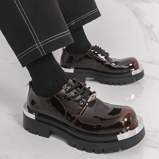 Men's Glossy -like Low-Top Lace-Up Dress Shoes - Glossy Black & Brown Luxury