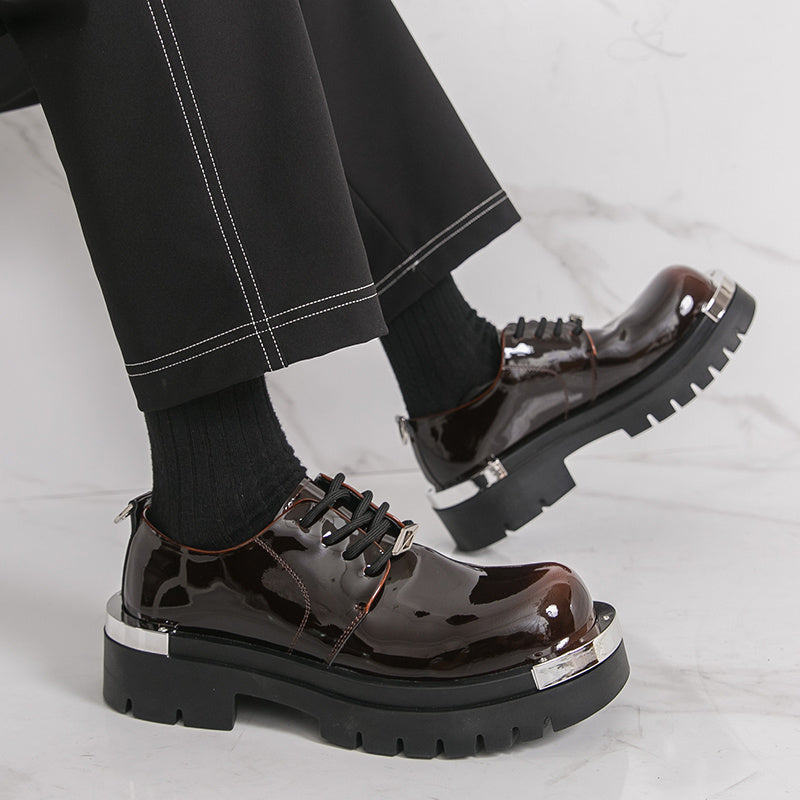 Men'S Glossy Black Faux Loafers - Retro Low-Top Lace-Up Dress Shoes with Thick Rubber Sole, Non-Slip, Comfortable for Business and Office Wear, Office Shoes | Retro Style Shoes | Durable Rubber Sole