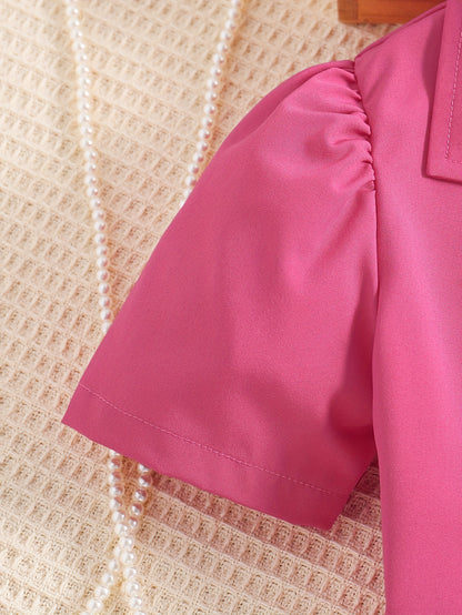 2pcs Girls Fashion Solid Non Stretch Puff Sleeve Double Button Blazer & Belted Cami Dress