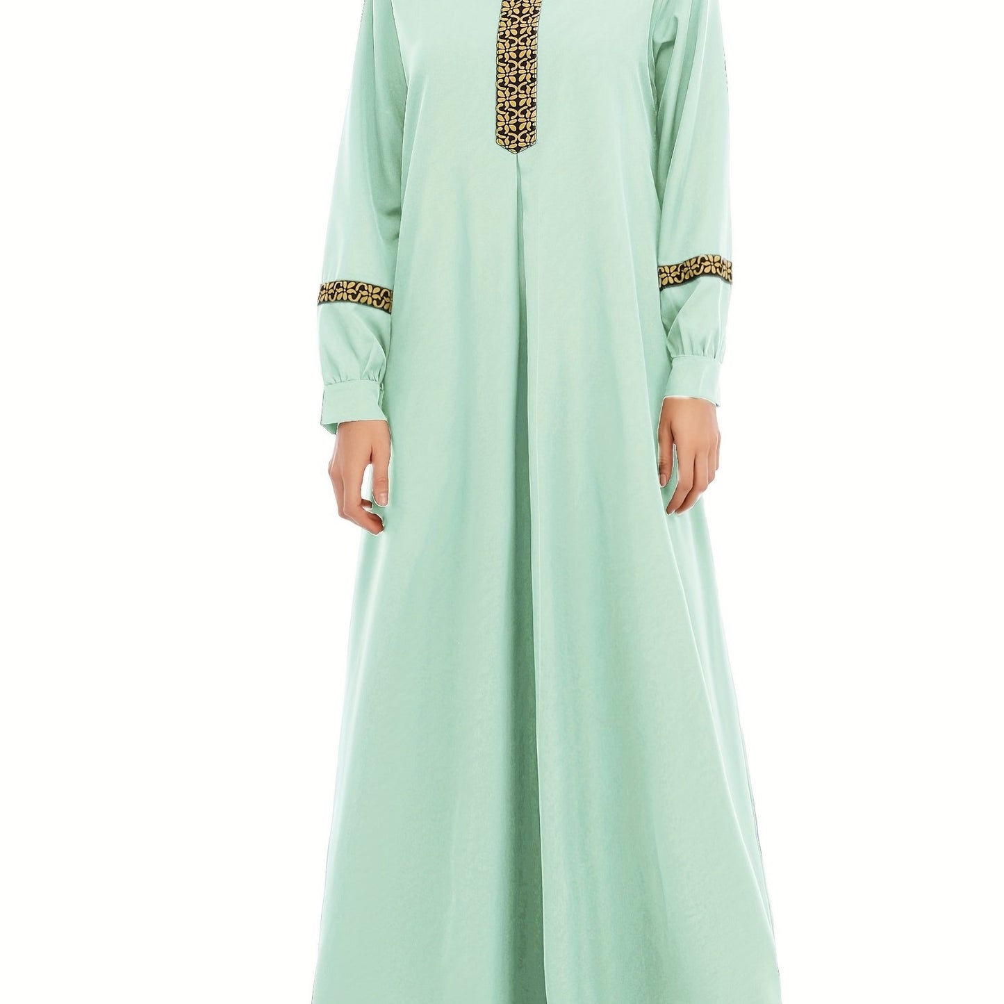 Ramadan Contrast Trim Kaftan, Elegant Long Sleeve Maxi Length Dress, Women's Clothing
