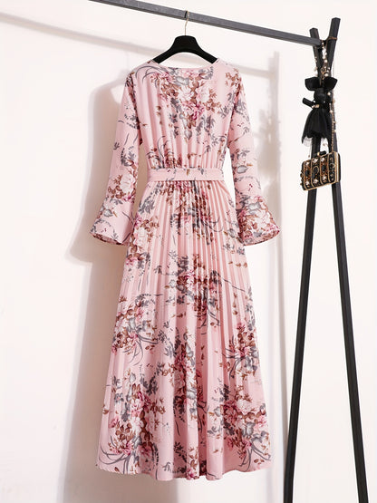 Floral Print Pleated Dress, Crew Neck Elegant Long Sleeve Maxi Dress, Women's Clothing