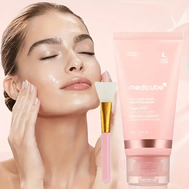 Medicube Collagen Overnight -Off Mask with Mask Brush Set- Elastic and Moisturizing Care, Smooth the Light Beige- Hydrolyzed Collagen Brightens Light Beige- Korean Skincare, 2.53oz