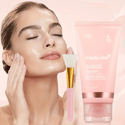 Medicube Collagen Overnight -Off Mask with Mask Brush Set- Elastic and Moisturizing Care, Smooth the Light Beige- Hydrolyzed Collagen Brightens Light Beige- Korean Skincare, 2.53oz