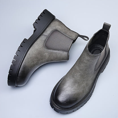 Men's Chunky Height-Increasing 4.5cm Chelsea Boots - Glossy Brown/Black Round-Toe Ankle Boots with Rubber Sole, Slip-Resistant & Cushioned Insole, All-Season Casual & Formal Shoes for Men,