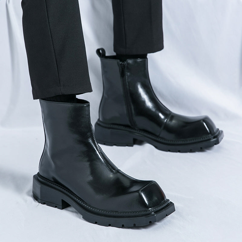 Men's -like Glossy Black Ankle-High Boot - Slip-Resistant Rubber Sole, Zipper Closure & Lace-Up Front, Chunky Short Boot with Glossy Upper, Glossy PU Lining & Arch - Slip-Resistant Traction Tread, PU Insole & Lining - Motorcy