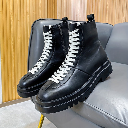 Men's High-Top Boots - Black with White Laces, Thick Rubber Sole
