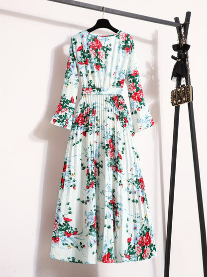 Floral Print Pleated Dress, Crew Neck Elegant Long Sleeve Maxi Dress, Women's Clothing