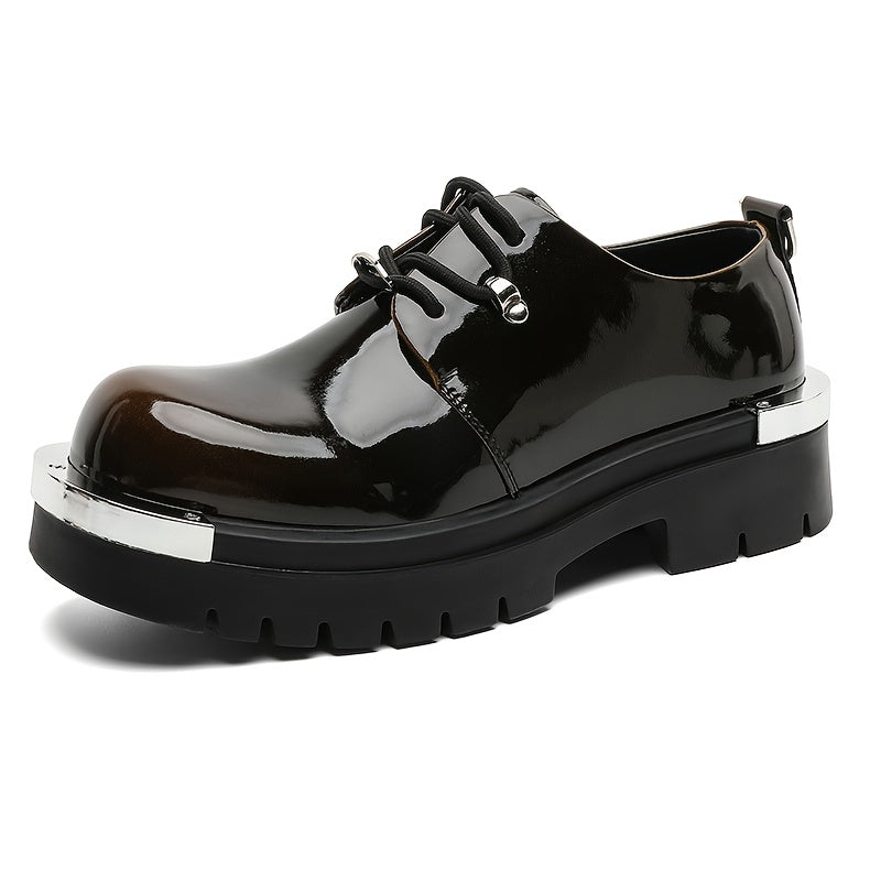 Men'S Chunky Platform Ankle Boots - Glossy Black Synthetic Cover with Golden-Tone Lace-Up Closure, Thick Rubber Sole for Height & Traction, Round Toe Design, All-Season Casual & Formal Work Boots, Formal Footwear, Durable Foo