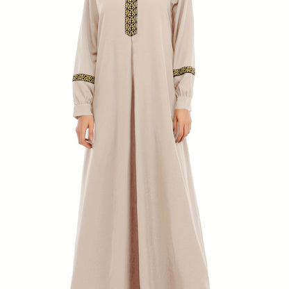 Ramadan Contrast Trim Kaftan, Elegant Long Sleeve Maxi Length Dress, Women's Clothing