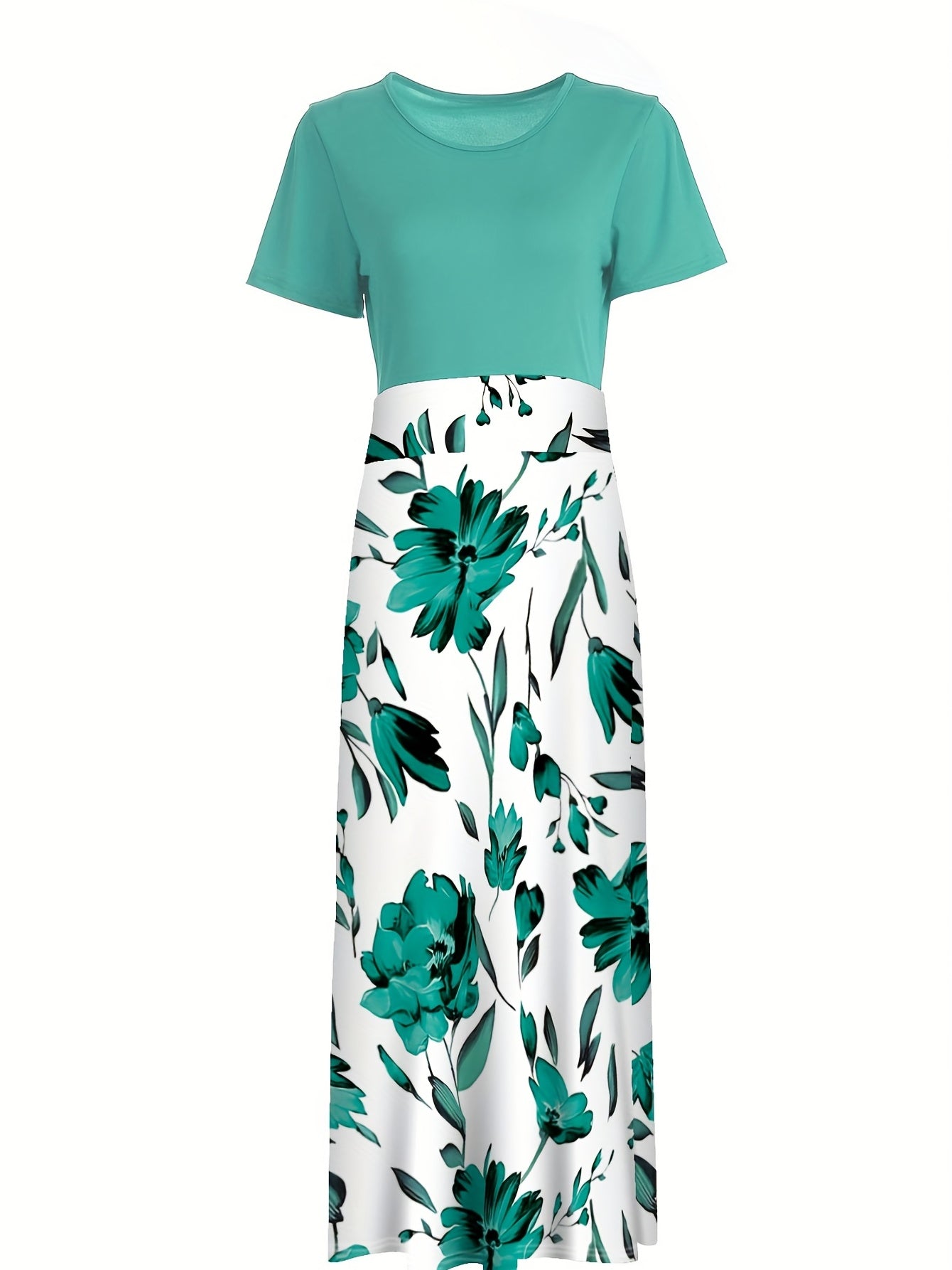 Floral Print Crew Neck Dress, Elegant Short Sleeve Dress For Spring & Summer, Women's Clothing