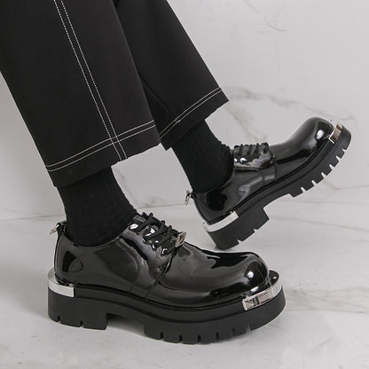 Men'S Glossy Black Faux Loafers - Retro Low-Top Lace-Up Dress Shoes with Thick Rubber Sole, Non-Slip, Comfortable for Business and Office Wear, Office Shoes | Retro Style Shoes | Durable Rubber Sole