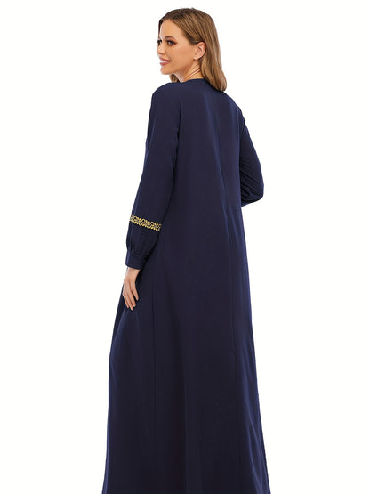 Ramadan Contrast Trim Kaftan, Elegant Long Sleeve Maxi Length Dress, Women's Clothing