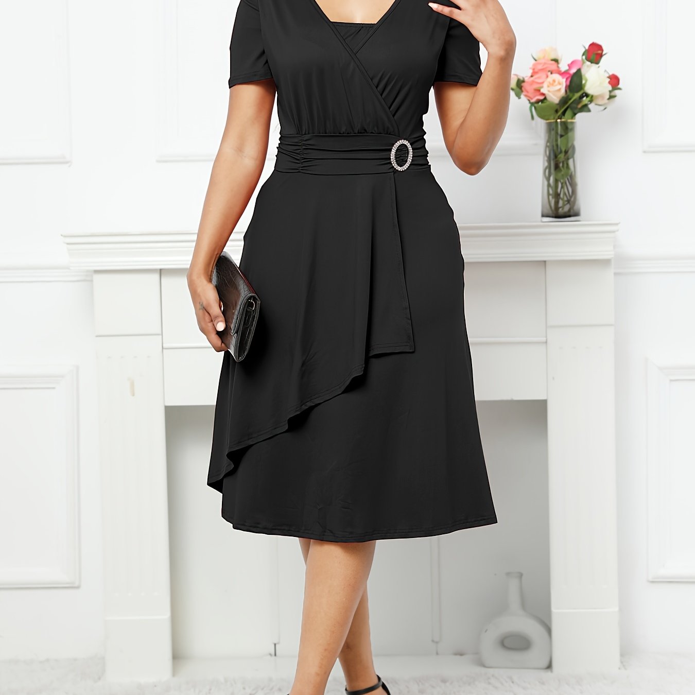 Asymmetrical V Neck Dress, Vintage Short Sleeve Slim Waist Comfy Dress, Women's Clothing Wedding/Evening dress/Occasion/Engagement/Ceremony