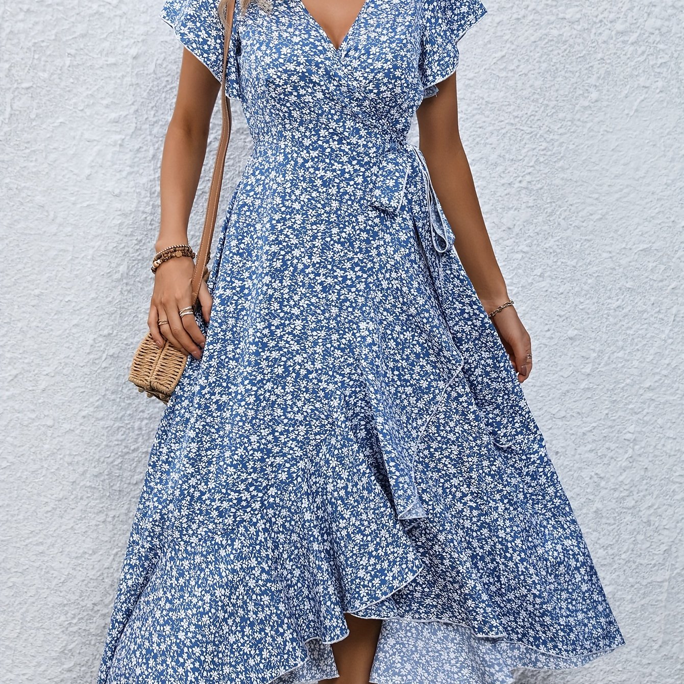Floral Print Surplice Neck Tied Dress, Casual Flutter Sleeve Ruffle Hem Dress For Spring & Summer, Women's Clothing