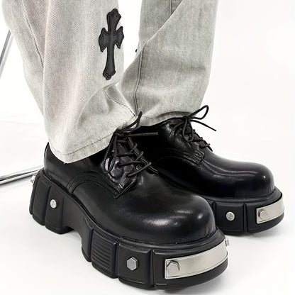 Stylish Men's Derby Shoes - Premium Round Toe, Thick Sole for Height Boost, Lace-Up, Microfiber Faux, Perfect for Casual Wear, Iron Head, British Style