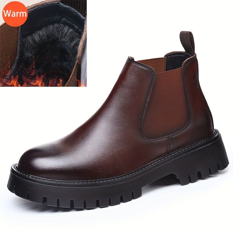 Men'S Winter Chelsea Boots - Slip-On Ankle Boots with Non-Slip Rubber Sole, Warm Fleece - Brown Formal & Casual Shoes for Everyday, Office, Winter Boots, Office Footwear