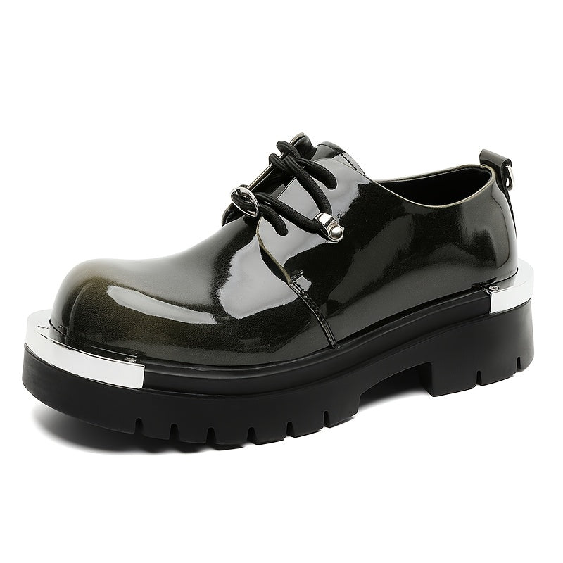 Men'S Chunky Platform Ankle Boots - Glossy Black Synthetic Cover with Golden-Tone Lace-Up Closure, Thick Rubber Sole for Height & Traction, Round Toe Design, All-Season Casual & Formal Work Boots, Formal Footwear, Durable Foo