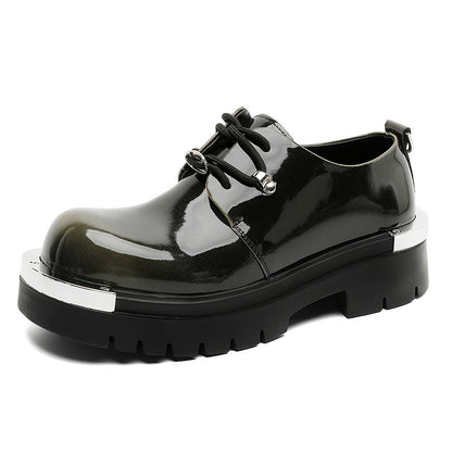 Men'S Chunky Platform Ankle Boots - Glossy Black Synthetic Cover with Golden-Tone Lace-Up Closure, Thick Rubber Sole for Height & Traction, Round Toe Design, All-Season Casual & Formal Work Boots, Formal Footwear, Durable Foo