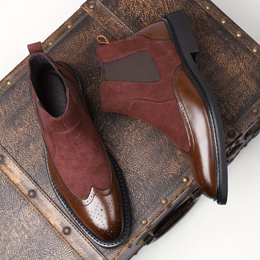 Men's vintage Wingtip Ankle Boots - Breathable Brown & Black Slip-On Dress Shoes with Rubber Sole, Perfect for Parties and Formal Events, Formal Attire Shoes | Vintage Wingtip Design | Durable Rubber Sole, Dressy Shoes