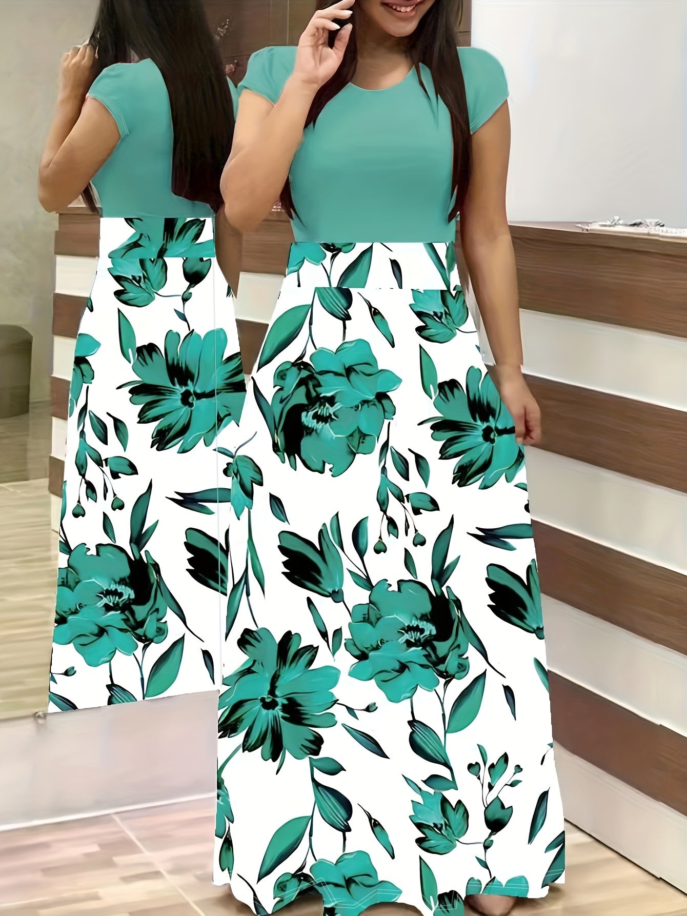 Floral Print Crew Neck Dress, Elegant Short Sleeve Dress For Spring & Summer, Women's Clothing