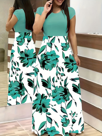 Floral Print Crew Neck Dress, Elegant Short Sleeve Dress For Spring & Summer, Women's Clothing