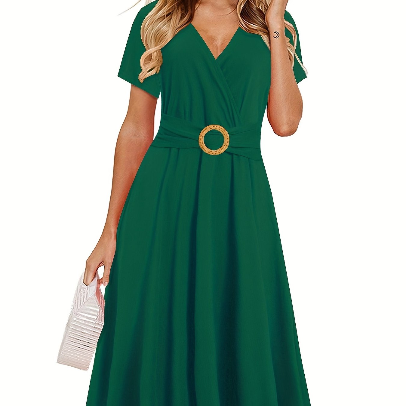 Short Sleeve V Neck Dress, Solid Casual Dress For Summer & Spring, Women's Clothing