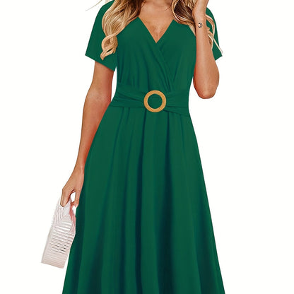 Short Sleeve V Neck Dress, Solid Casual Dress For Summer & Spring, Women's Clothing