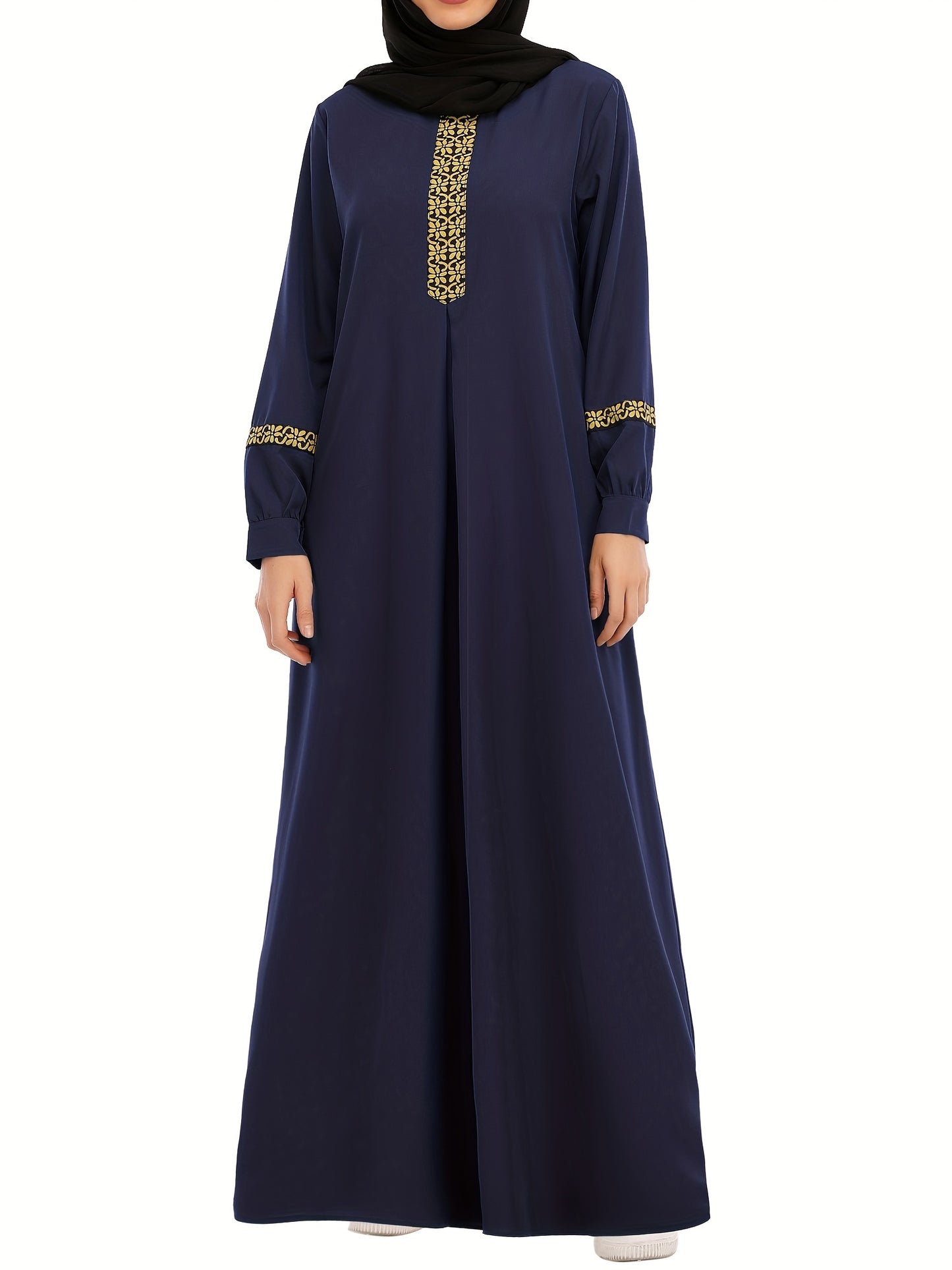 Ramadan Contrast Trim Kaftan, Elegant Long Sleeve Maxi Length Dress, Women's Clothing