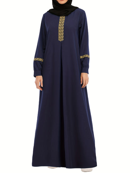 Ramadan Contrast Trim Kaftan, Elegant Long Sleeve Maxi Length Dress, Women's Clothing