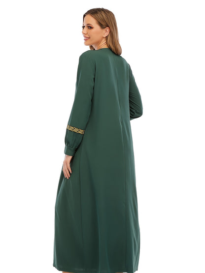 Ramadan Contrast Trim Kaftan, Elegant Long Sleeve Maxi Length Dress, Women's Clothing