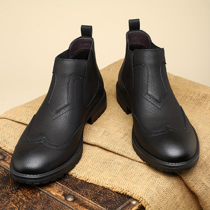 Men's Slip-On Short Boots - PU Upper & Rubber Sole, Glossy Black Round Toe Ankle Boots with Elastic Panel, All-Season Casual s for Office