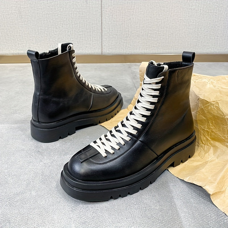 Men's High-Top Boots - Black with White Laces, Thick Rubber Sole