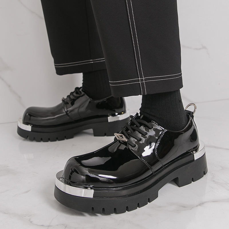 Men'S Glossy Black Faux Loafers - Retro Low-Top Lace-Up Dress Shoes with Thick Rubber Sole, Non-Slip, Comfortable for Business and Office Wear, Office Shoes | Retro Style Shoes | Durable Rubber Sole