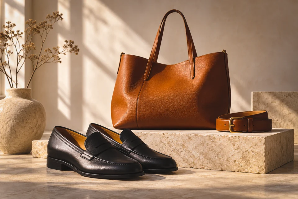 Brun väska och bälte tillsammans med svarta loafers
